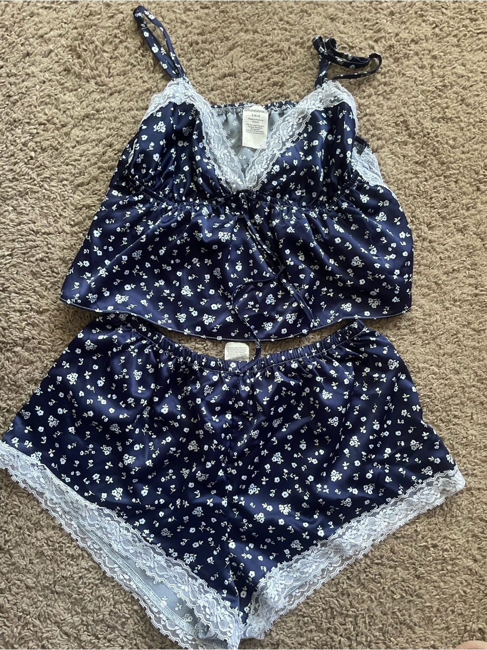No Boundaries Navy & White Floral Lace-Trim Satin Cami and Shorts Set